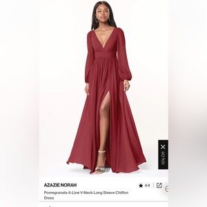 Azazie A-Line V-Neck Long Sleeve Chiffon Dress, in Pomegranate, Azazie Norah